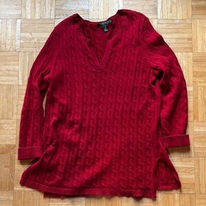 Lauren Ralph Lauren 1X Red V-Neck Cable Knit Tunic Sweater